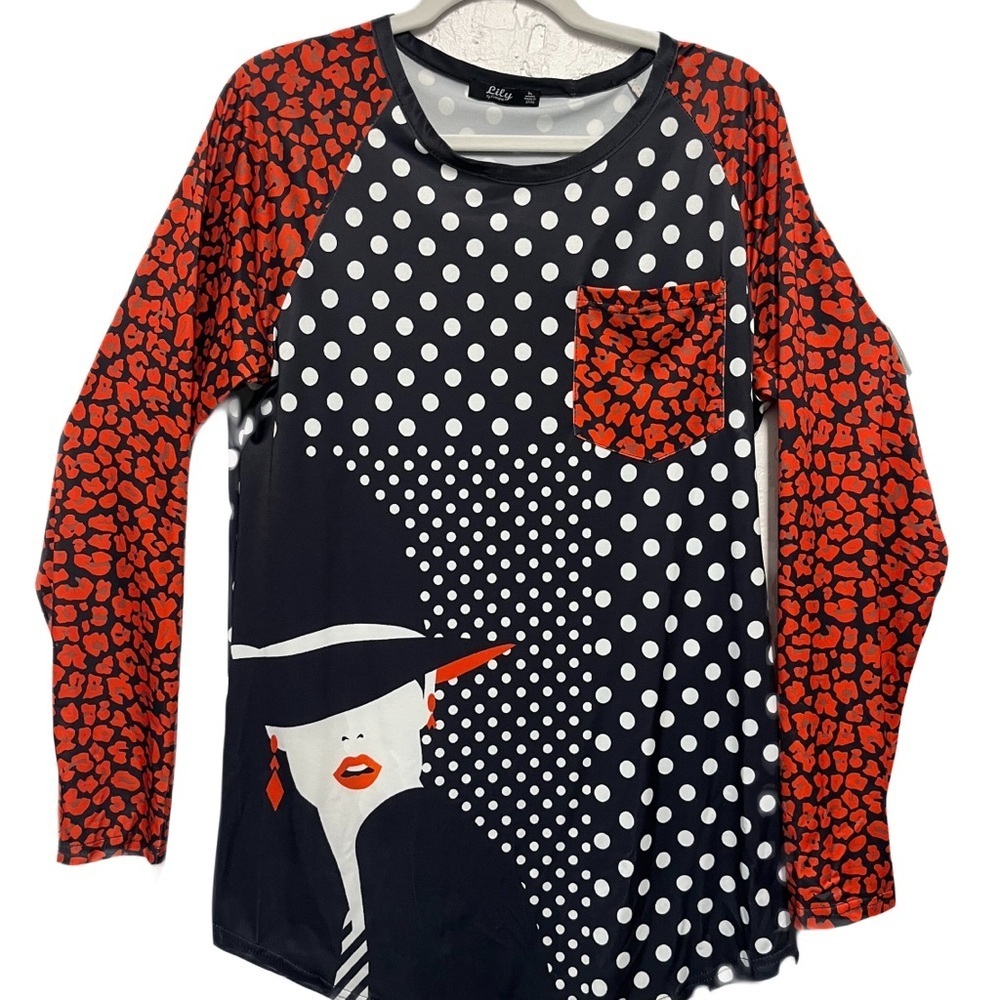 Lily by Firmania Chic Polka Dot and Red Orange Black Red Lips Lady Hat Print Top